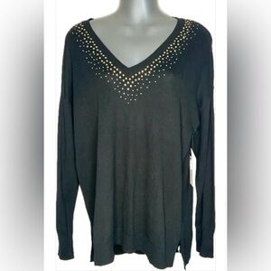 NWT Chaus Black V-Neck Sweater with Gold Accents